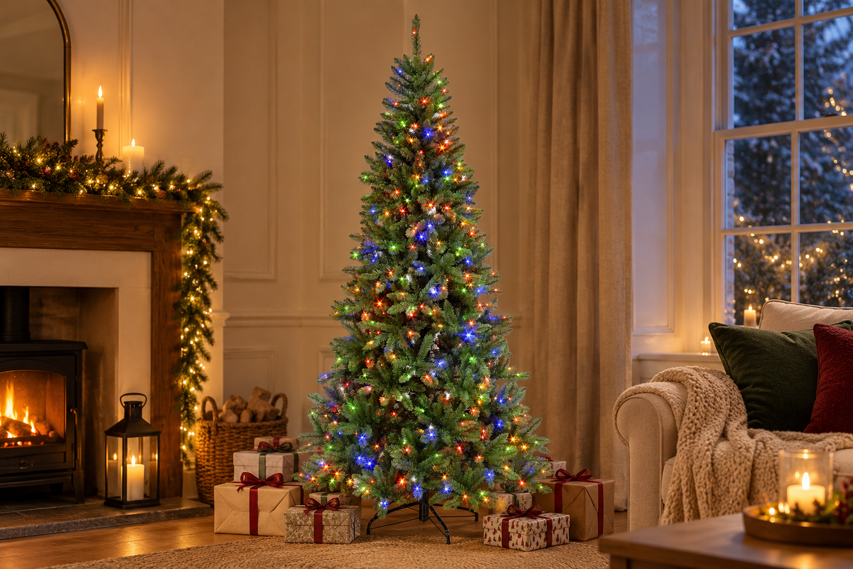 Christmas tree decorated with colourful lights in a cosy festive living room