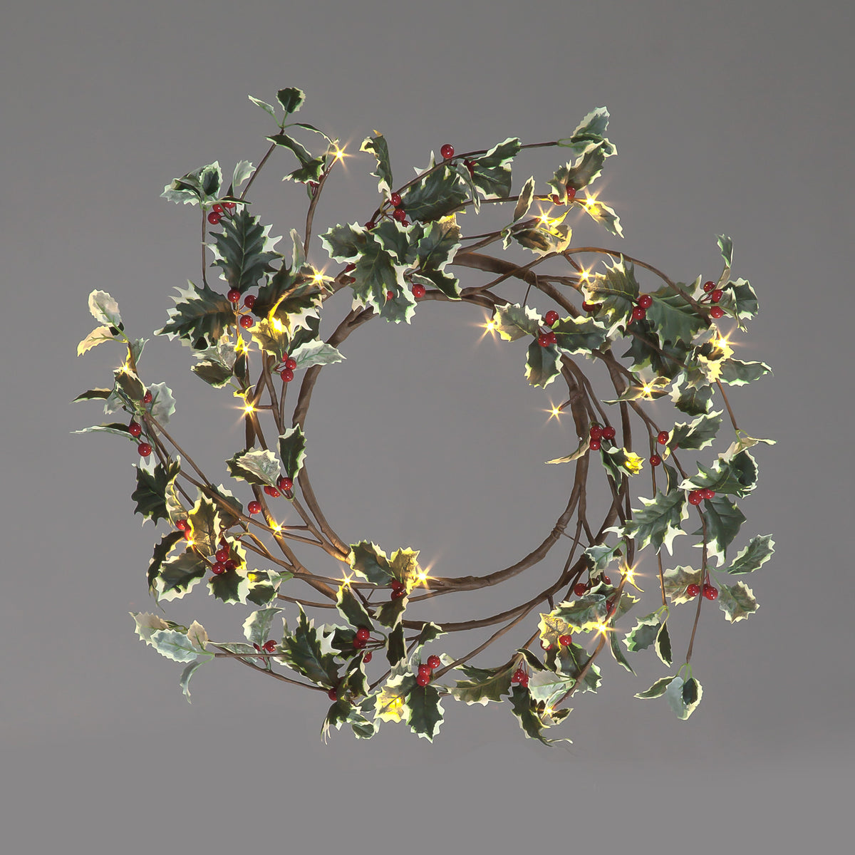 60cm Holly and Berry Wreath Christmas Wreath with 28 Warm White LEDs