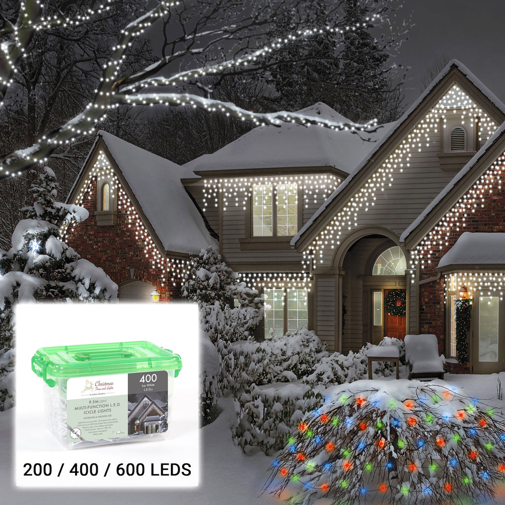 200 / 400 / 600 LED Multifunction Christmas Ice White Icicle Chaser Lights with Timer