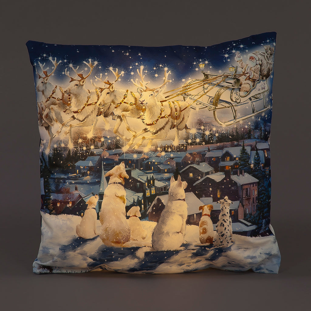 LED Cushion - Dogs Watching Santa - 40x40cm