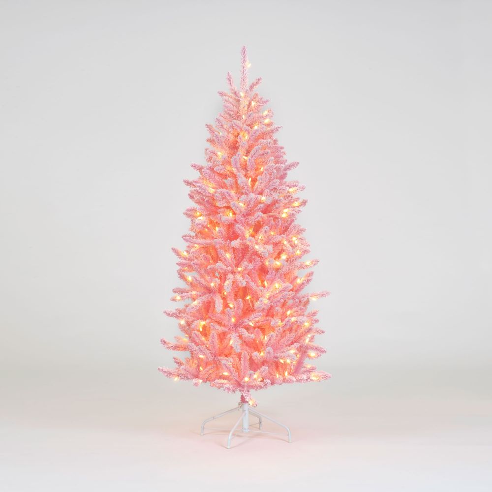 Pre-Lit Pink Flocked Hinged Christmas Tree