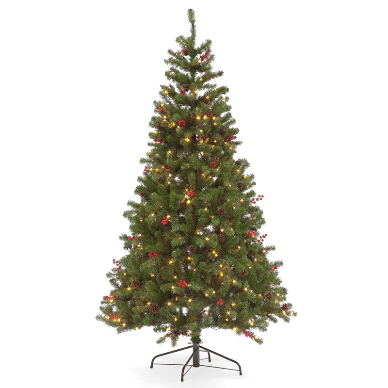 Pre-Lit LED Pine Creek Green Hinged Christmas Tree with Berries