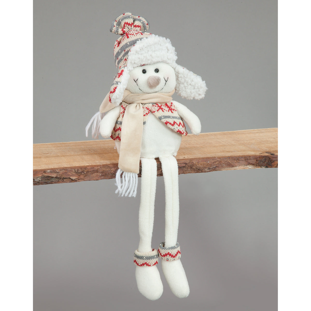 47cm Sitting Snowman with Light-Up Tummy - Red & Grey