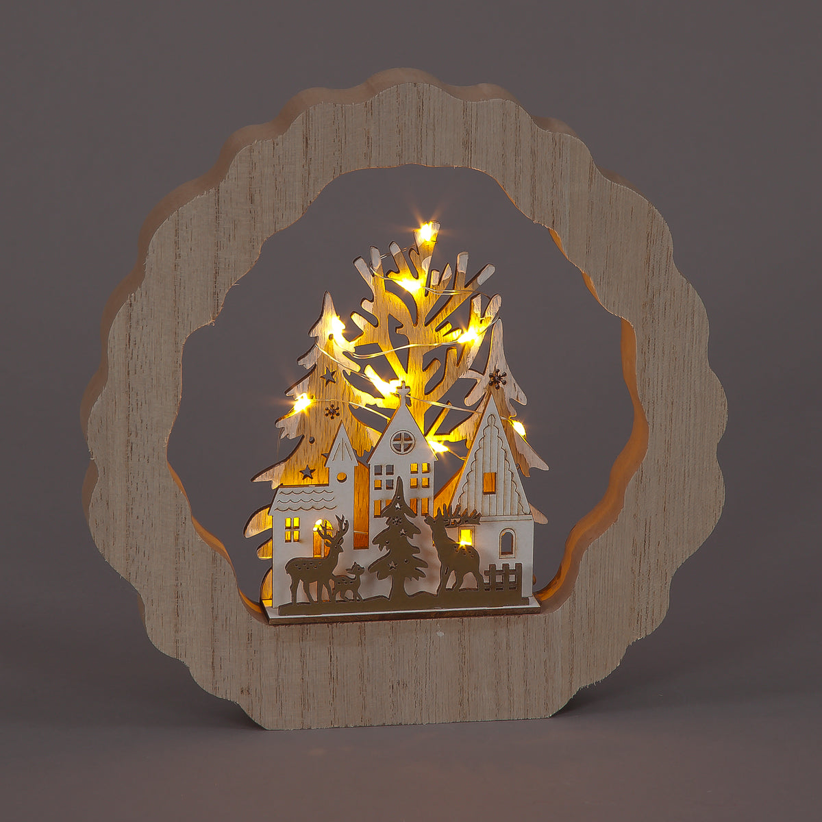 22cm Wooden Village with Deer Scene