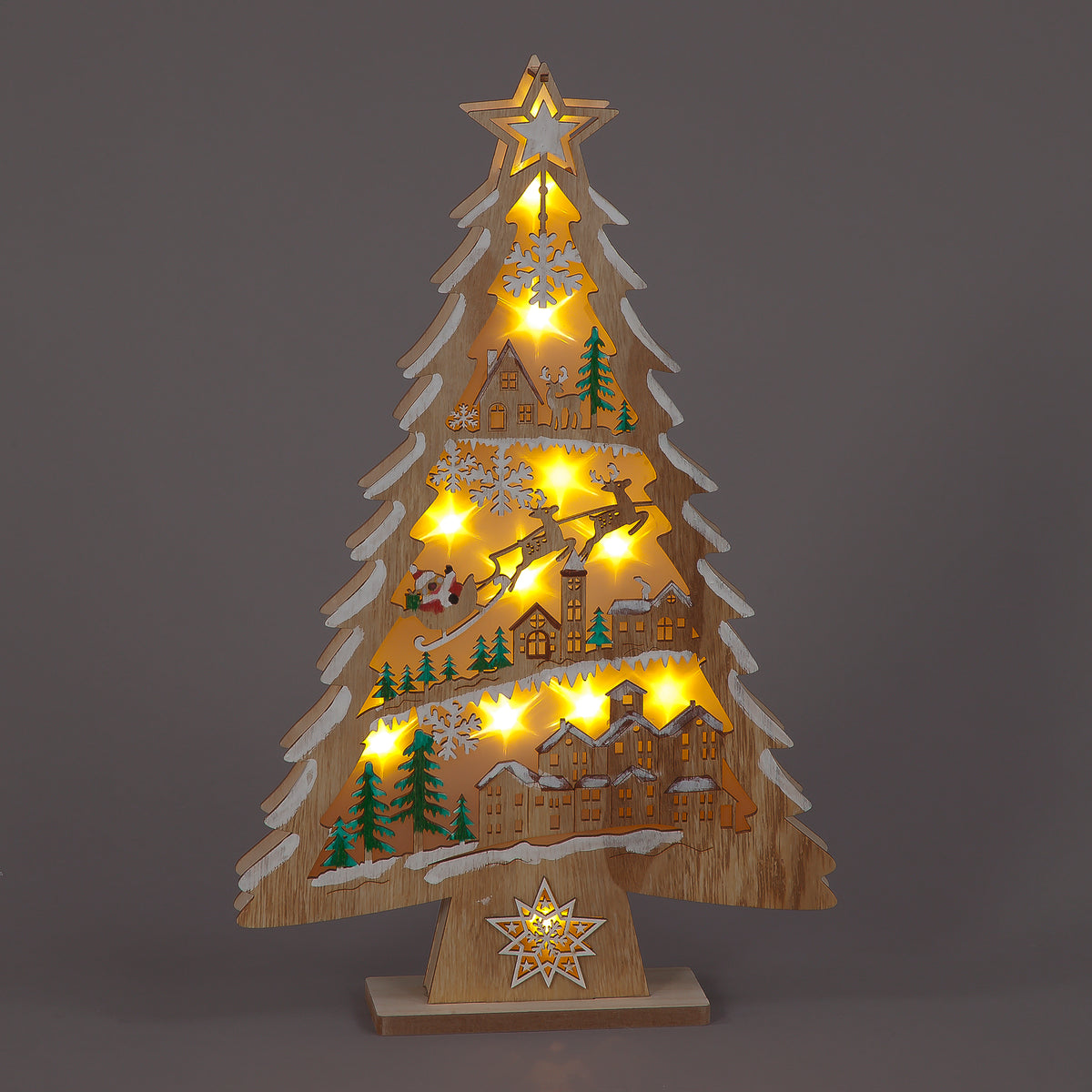 Wooden Tree with Village Scene - 43cm Holiday Decor