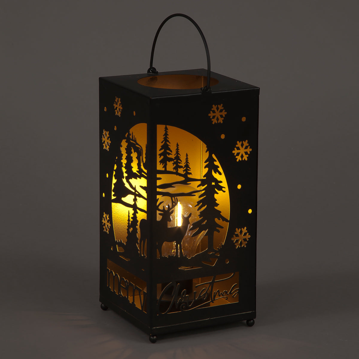 24cm Square Metal Lantern with Winter Scene - Seasonal Charm