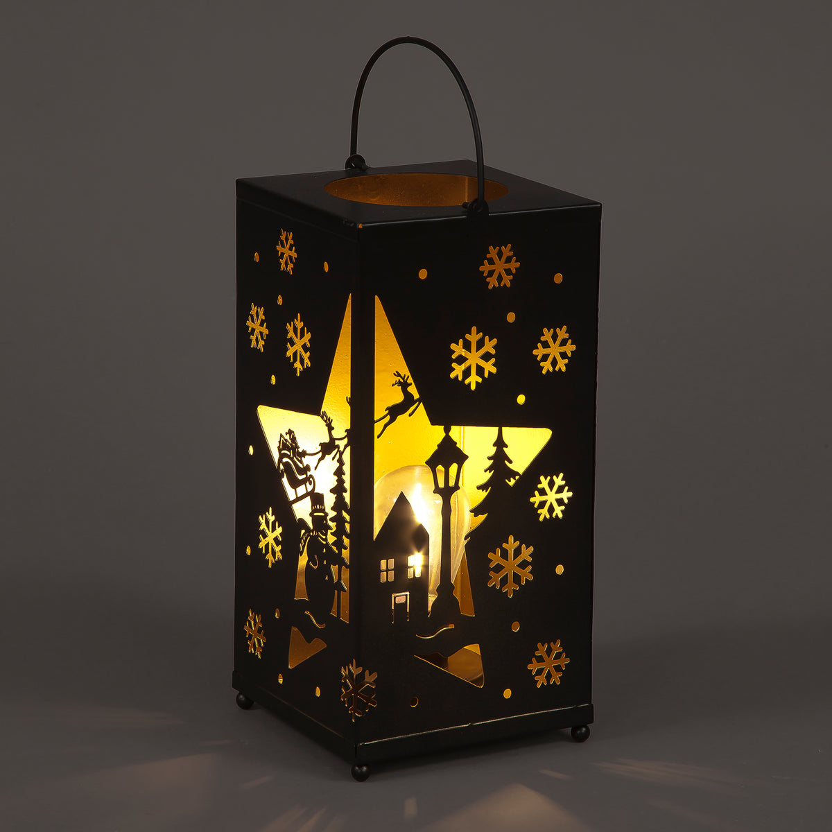 24cm Square Metal Lantern with Christmas Scene - Holiday Spirit