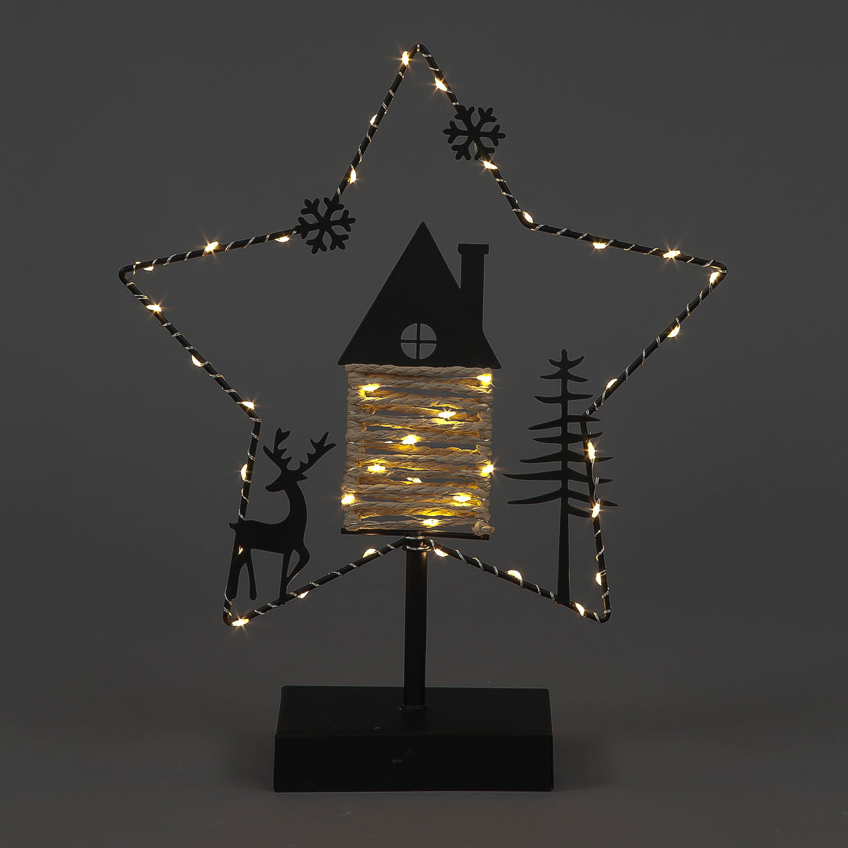 31cm Metal Star with Deer, House & Tree - 47 LEDs