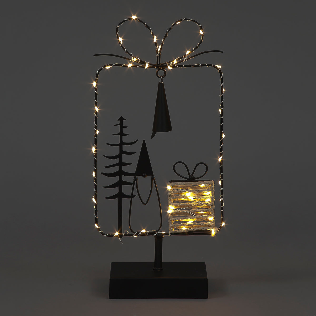 36cm Metal Present with Tree, Santa & 54 Warm White LEDs - Joyful Gift