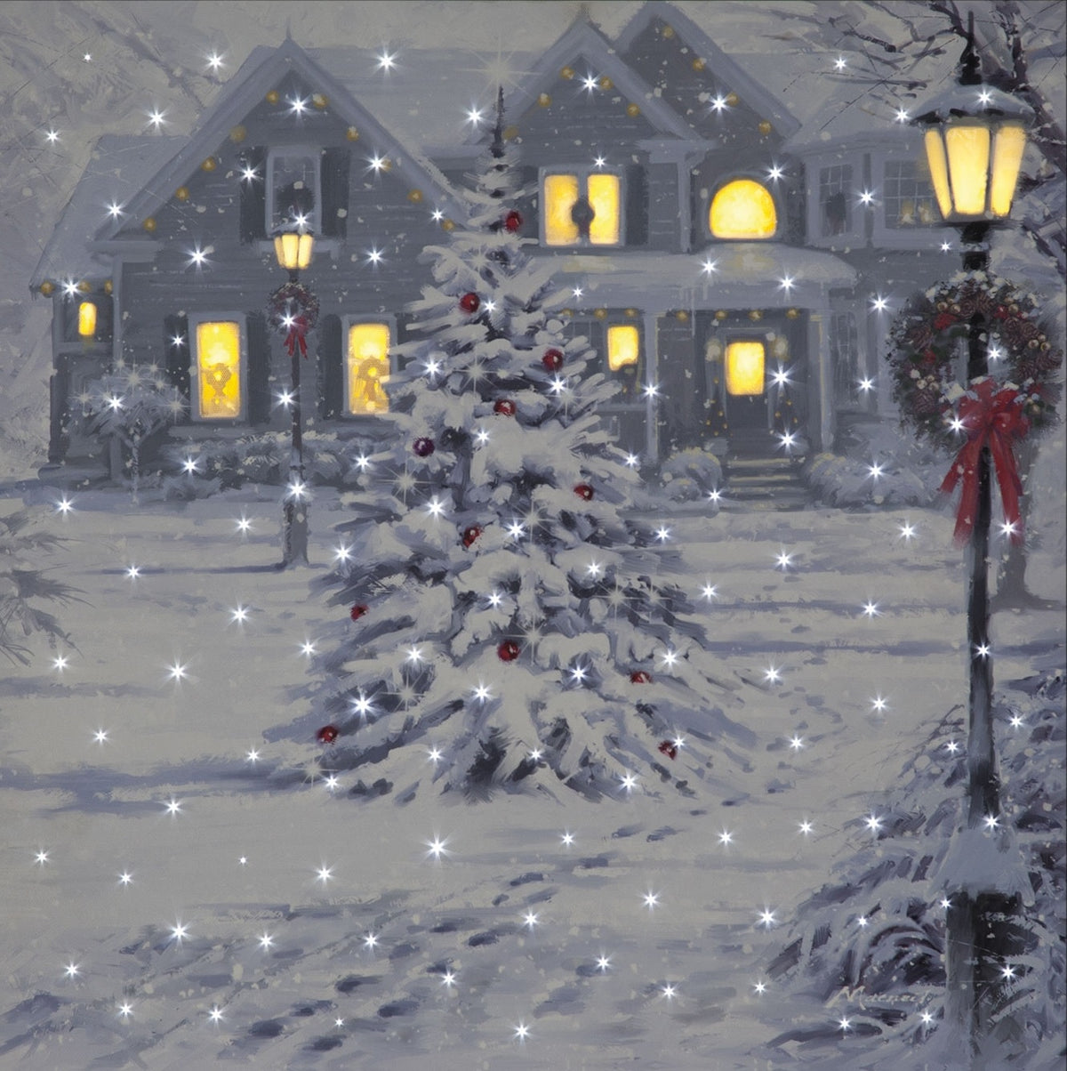 Fibre Optic & LED Christmas House Canvas by Richard Macneil  40cm x 40cm