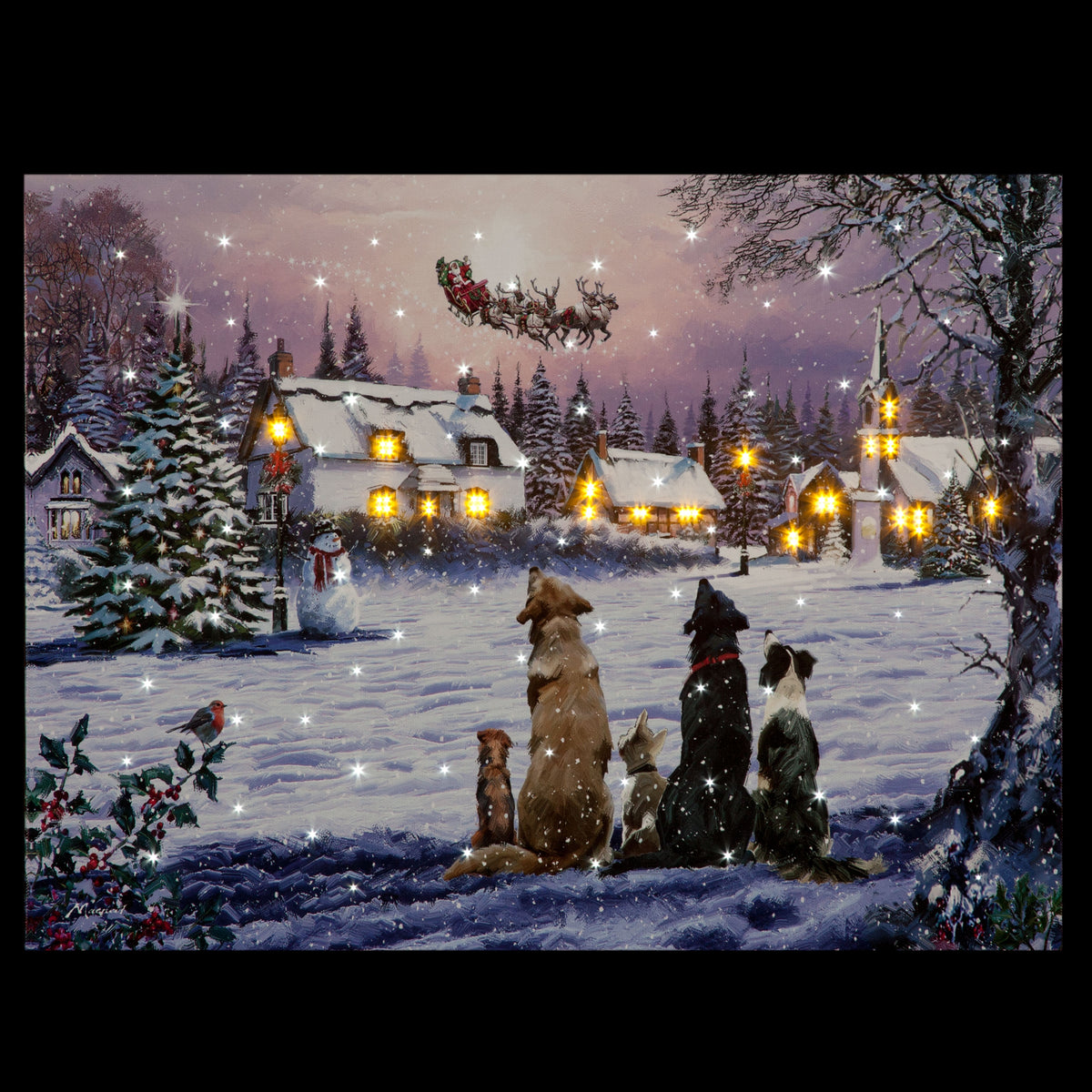 Fibre Optic "Dogs Watching Santa" Canvas 40cm x 30cm