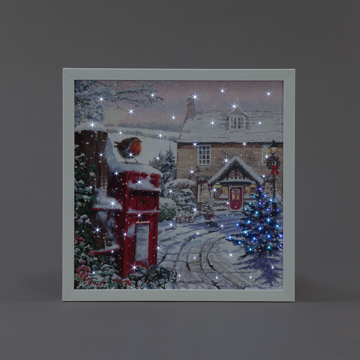 Battery Operated Fibre Optic Robin On village Post box (40x40cm)