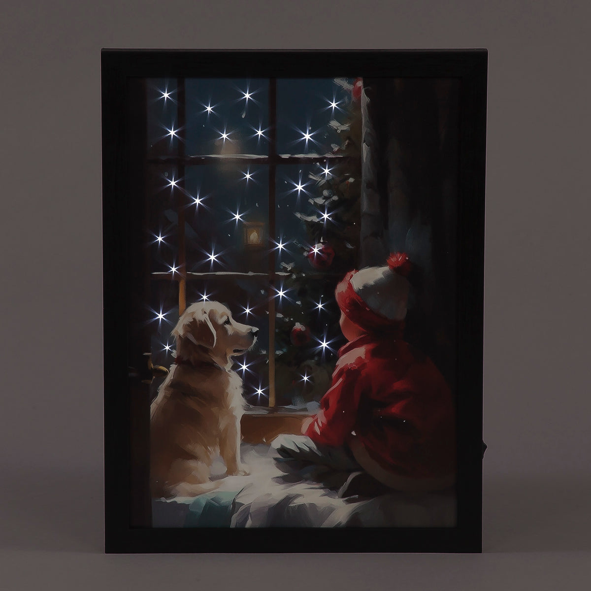 Battery Operated Fibre Optic 30x40cm Framed Canvas Puppy & Child Christmas Decoration