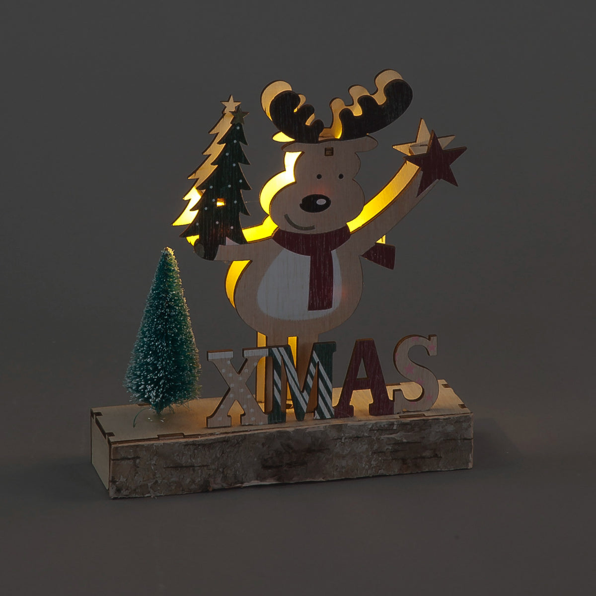 Battery Operated 16cm Wooden Reindeer on XMAS Base w/3 White LEDs Christmas Decoration