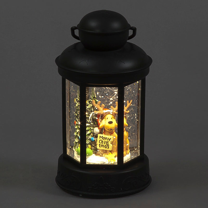 Battery Operated 18cm Water Lantern with Festive Dog Scene – Warm White LED, Timer and Music Option