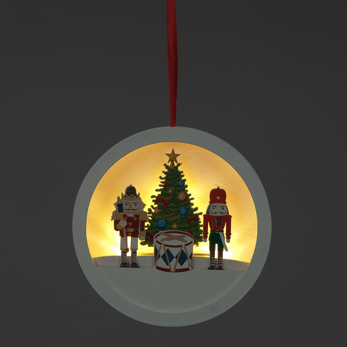 Battery-Operated 14cm Hanging Wooden Nutcracker Scene with Drum – 3 Warm White LEDs
