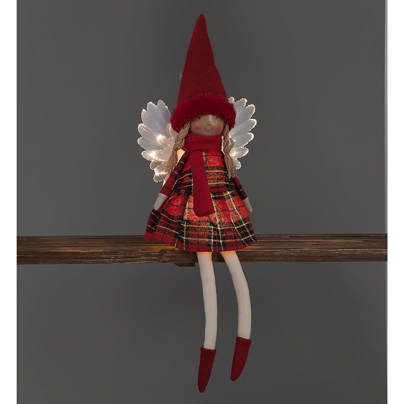 Battery Operated 50cm LED Red Tartan Angel Sitting with White Wings
