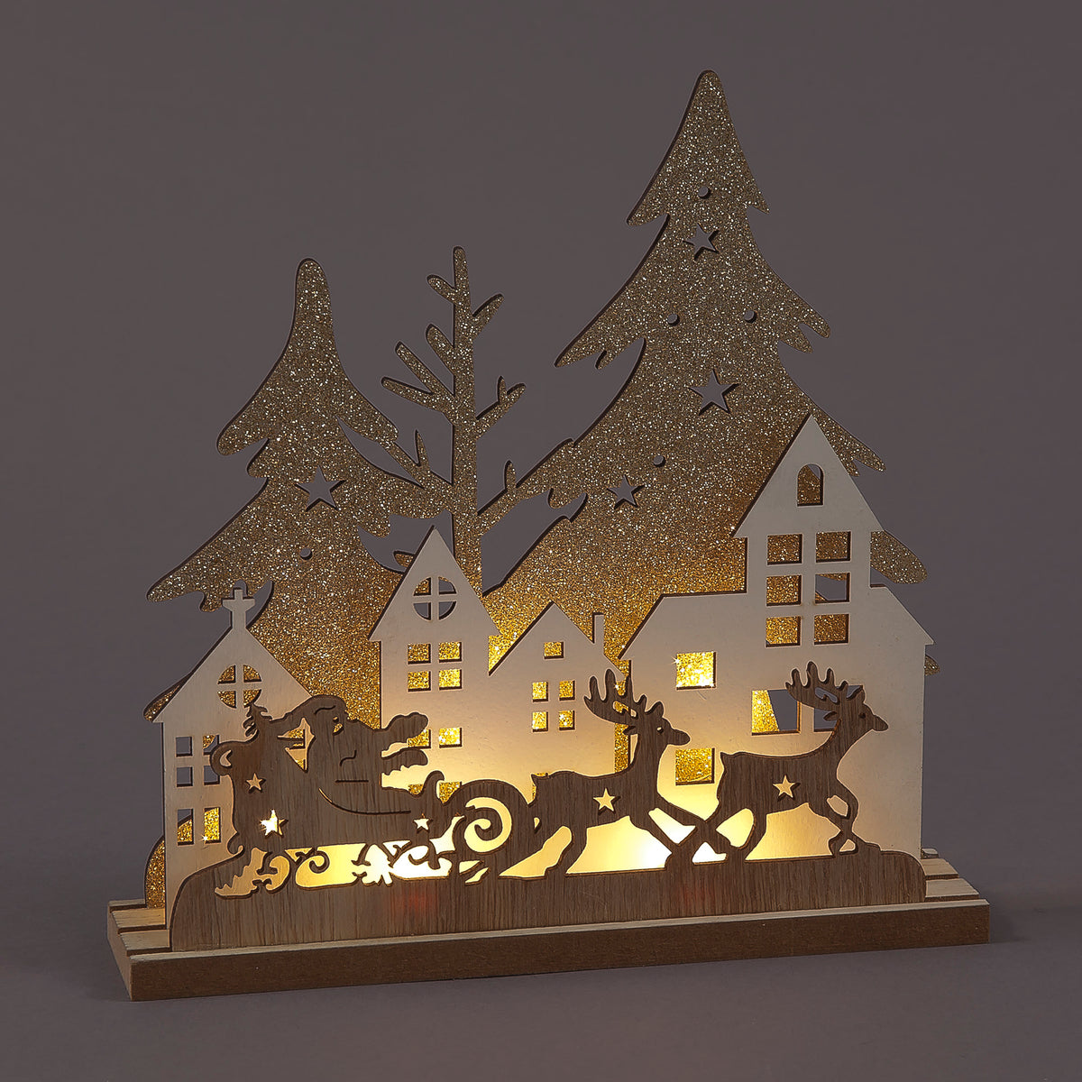 Battery Operated 20cm Wooden Village w/ Santa & Sleigh Christmas Decoration
