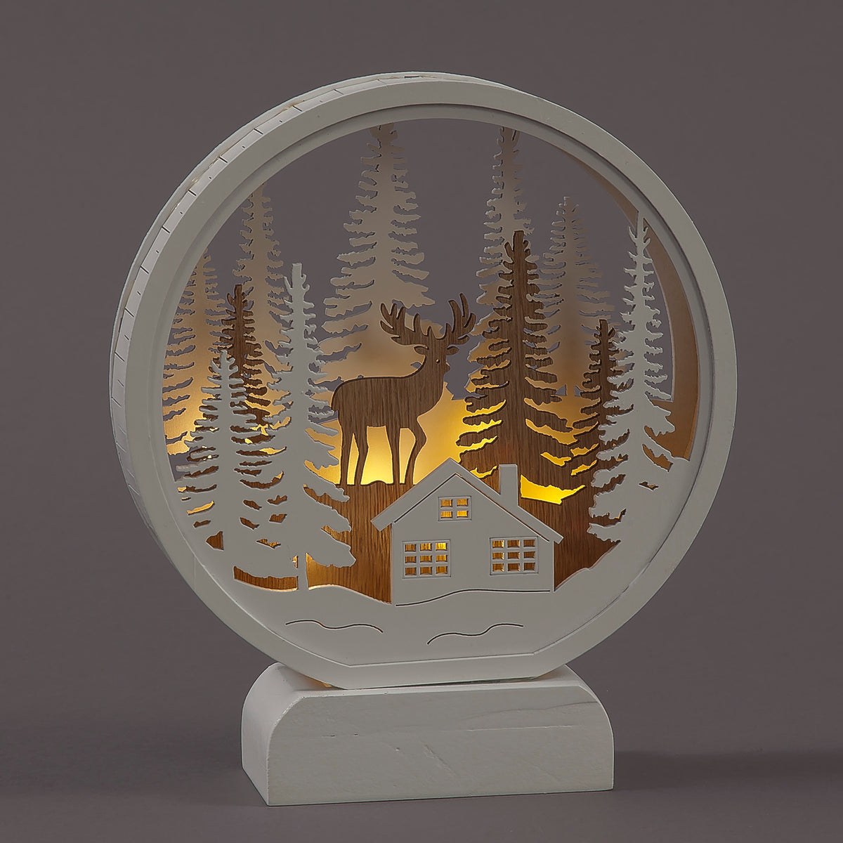Battery Operated 21cm Wooden Round White Village Landscape w/6 Warm White LEDs Christmas Decoration