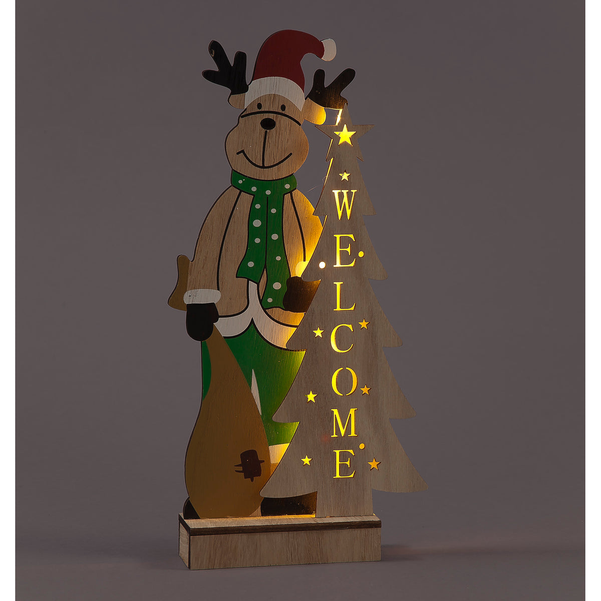 Battery Operated 29cm Wooden Reindeer & Tree w/5 Warm White LEDs Christmas Decoration