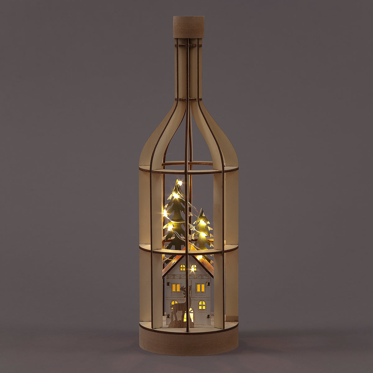 32cm Wooden Bottle with House & 10 White LEDs