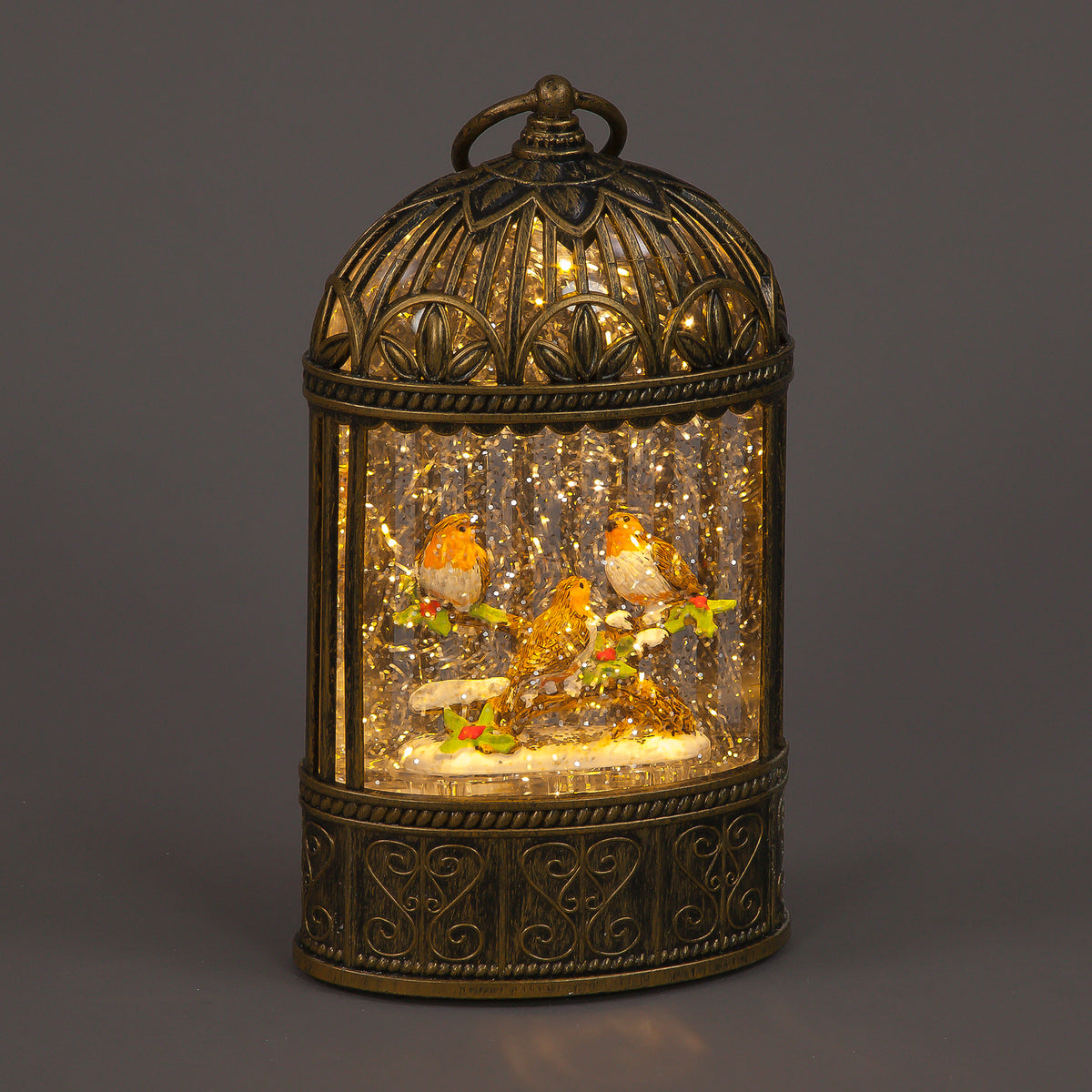 24cm LED Water Cage with Robins - Winter Wonderland