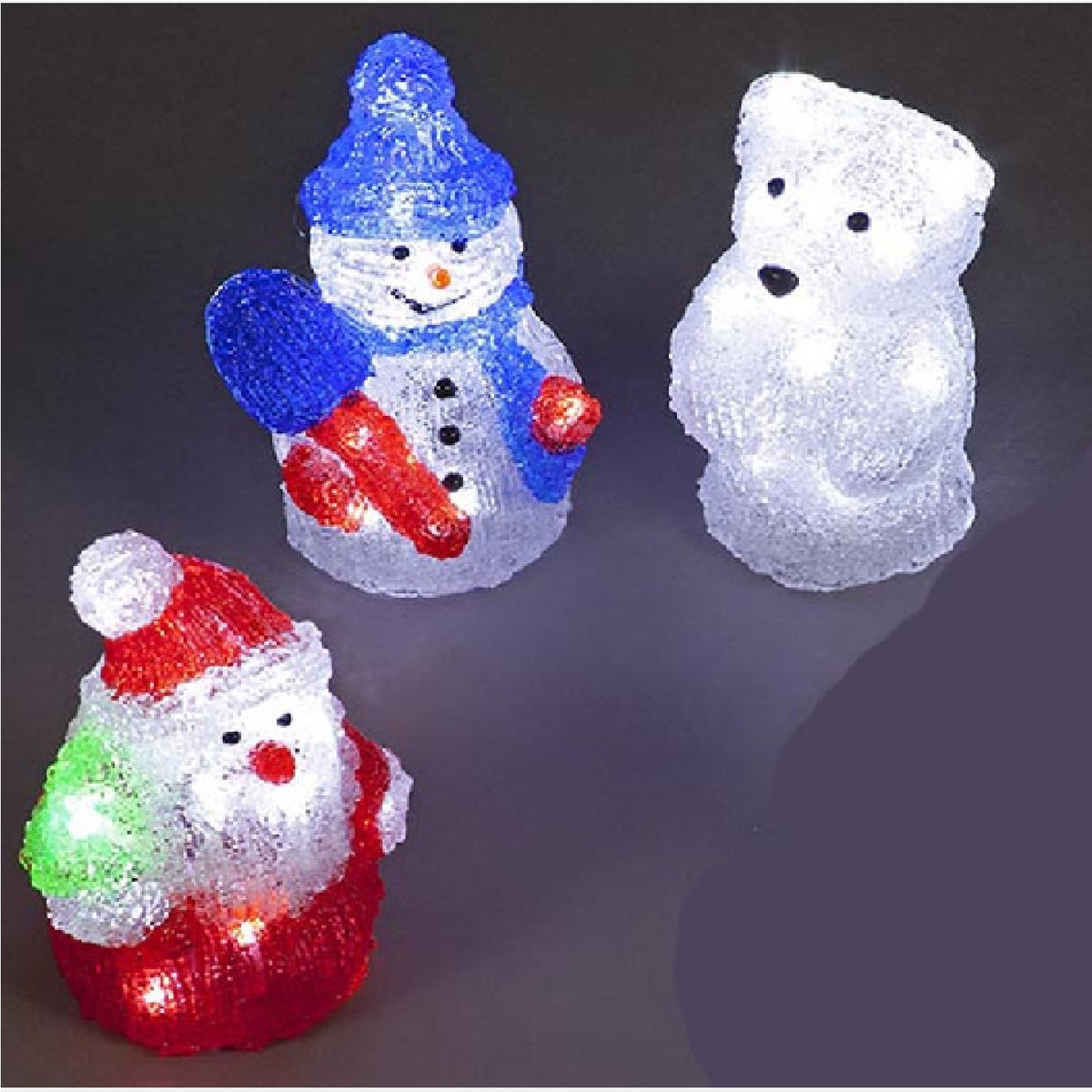 Battery Operated Set of 3 Acrylic Figures, Santa, Snowman & Bear