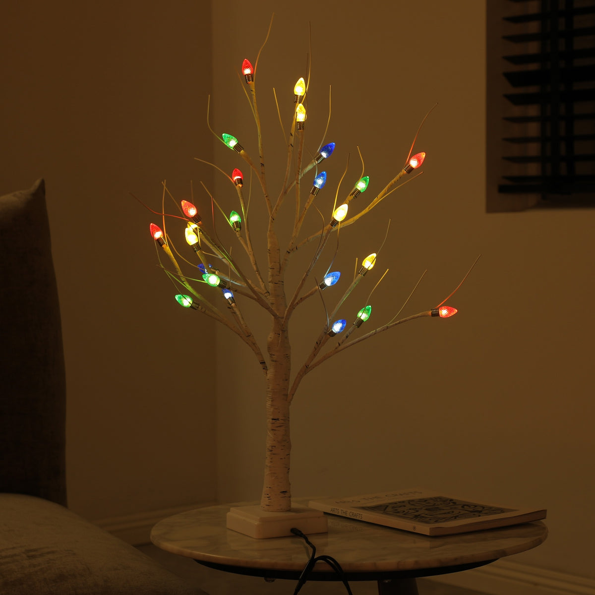 Battery Operated 60cm Birch Tree w/Multi Col Bulbs /24 Warm White LEDs Christmas Trees
