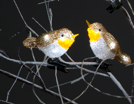 5 Acrylic Robin Lights With Ice White Christmas LEDS with Clip-On