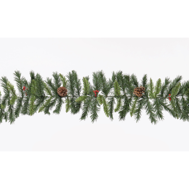 9ft Green Rochester Garland with Pine Cones & Red Berries