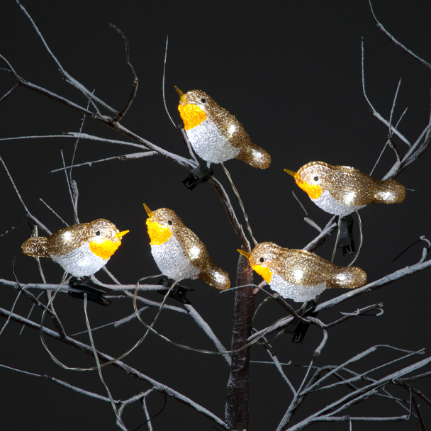 5 Acrylic Robin Lights w/30 Ice White LEDs/Clip-On Christmas Lights