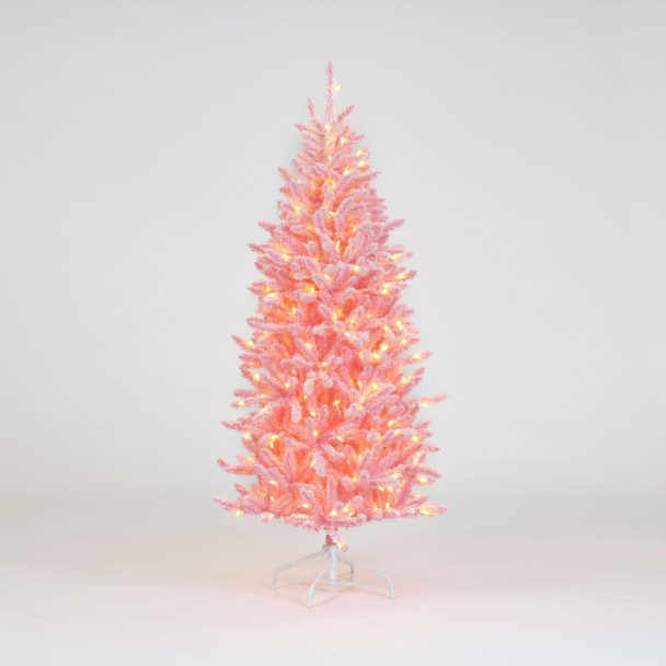 Pre-Lit Pink Flocked Hinged Christmas Tree