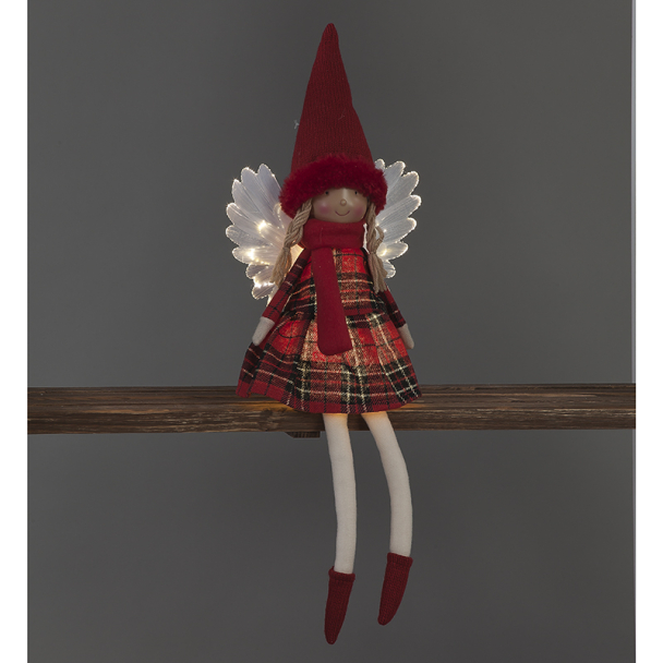 Battery Operated 50cm LED Red Tartan Angel Sitting with White Wings