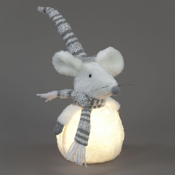 Battery Operated LED Grey Christmas Mouse with Hat and Scarf (36cm)