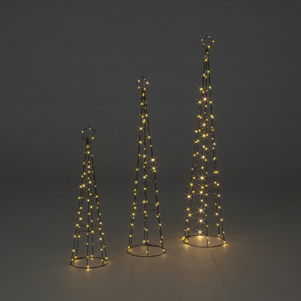Set Of 3 Christmas Iron Cone Towers With Warm White Copper Wire Static LEDs 60/80/95cm