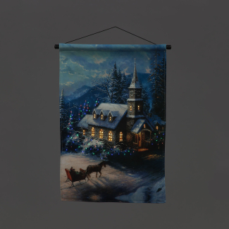 Battery Operated Fibre Optic 40x60cm Winter Church Scene Tapestry Christmas Decoration