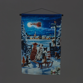 Battery Operated Fibre Optic 40x60cm Winter Dogs Watching Santa tapestry /Remote Christmas Decoration