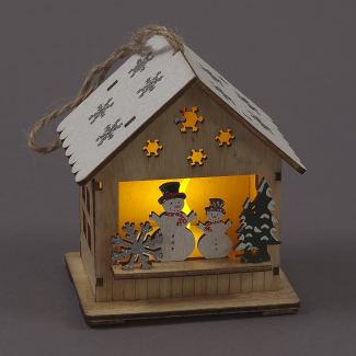 10cm Wooden Hanging House with Snowman & Warm White LED